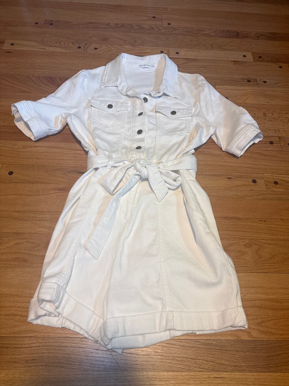NEW Avec Les Filles White Denim Romper Womens L Belted Jumpsuit